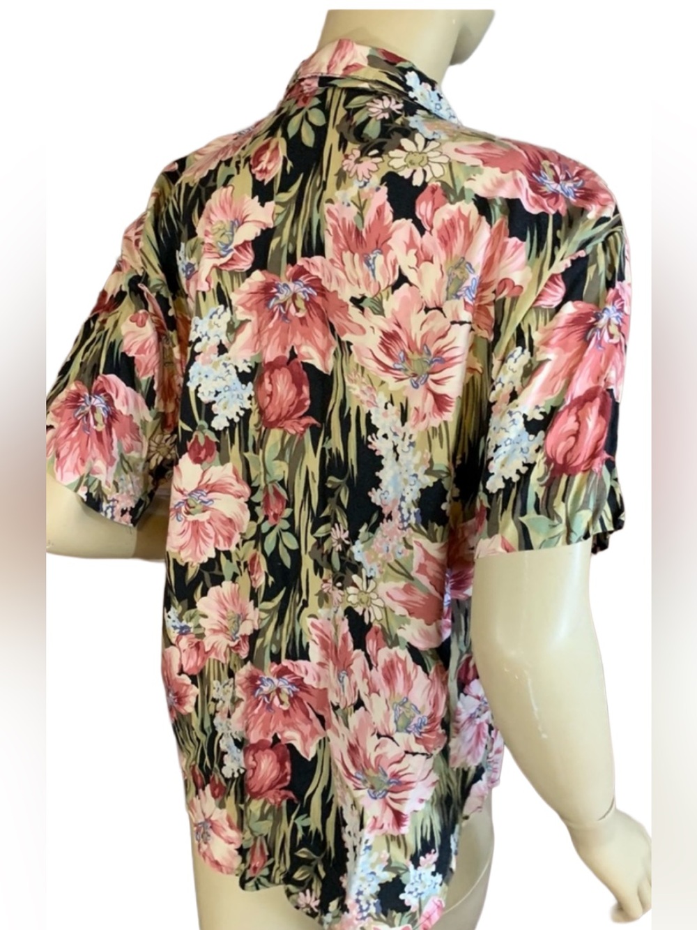 VINTAGE 1980'S PINK, BLACK & GREEN FLORAL PRINT TEDDI BLOUSE (MP) - Picture 5 of 13
